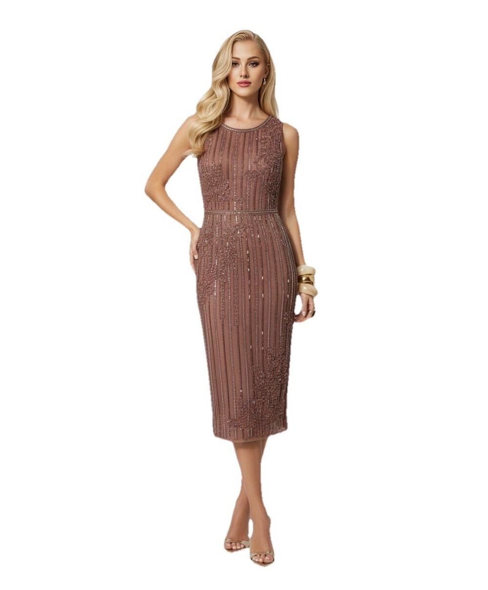 NWT Mac Duggal Striped Floral Embellish Sleeveless Midi Dress Rose Pink SIZE 14